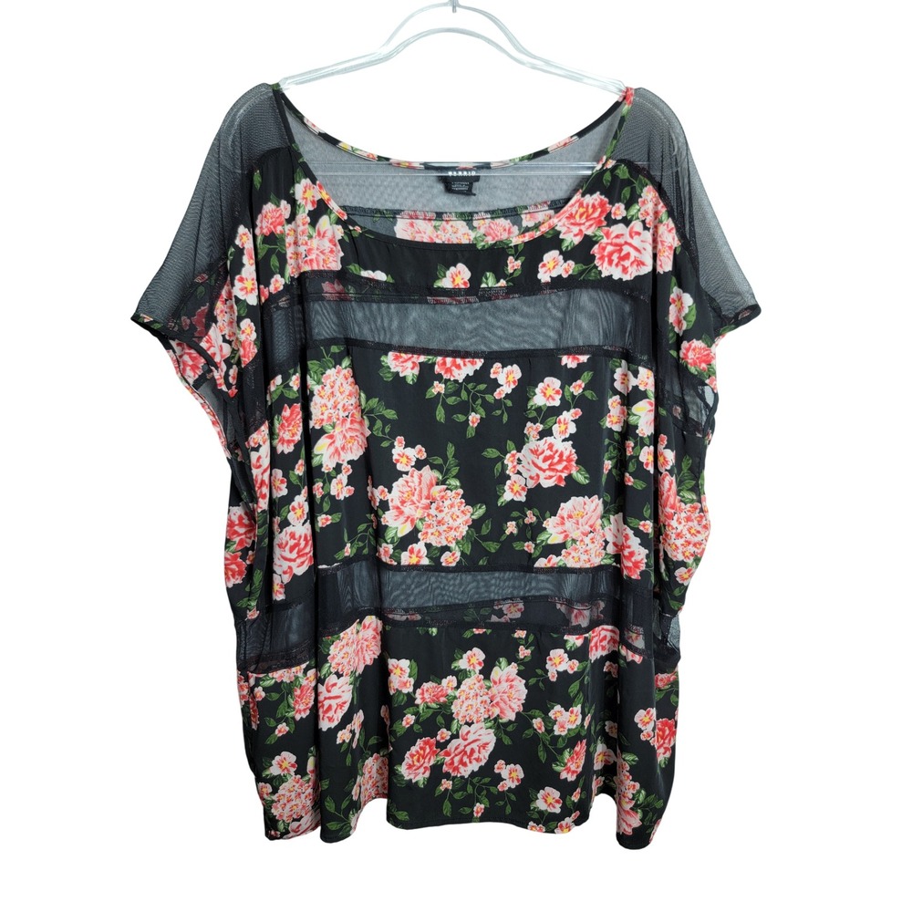 Torrid Women 5X‎ Blouse Black Pink Floral Sheer Mesh Panel Dolman Top